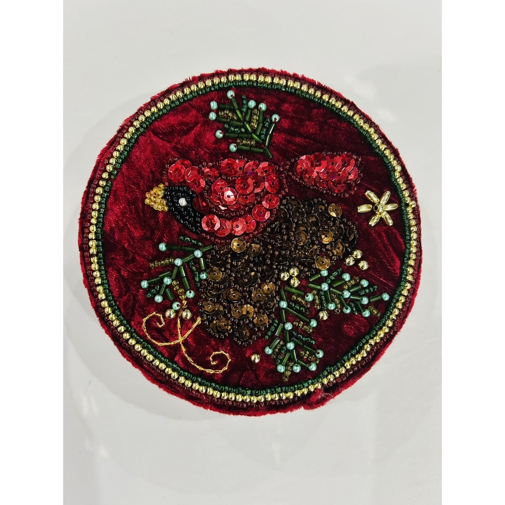 Vintage Velvet Trinket Jewelry Box Keepsake Red Cardinal Beaded Bird Pinecone 5"